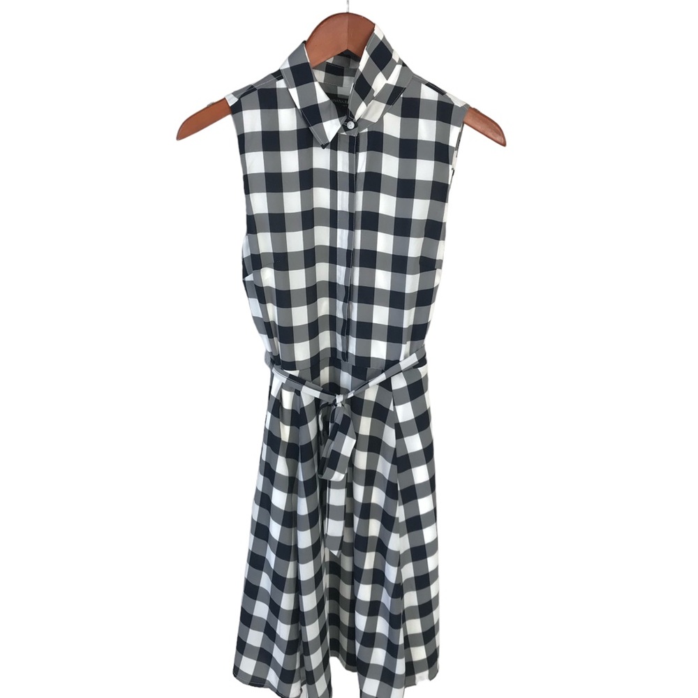 Gingham Plaid Polyester Banana Republic Navy Blue Sleeveless Belt Collared Dress - Picture 3 of 8